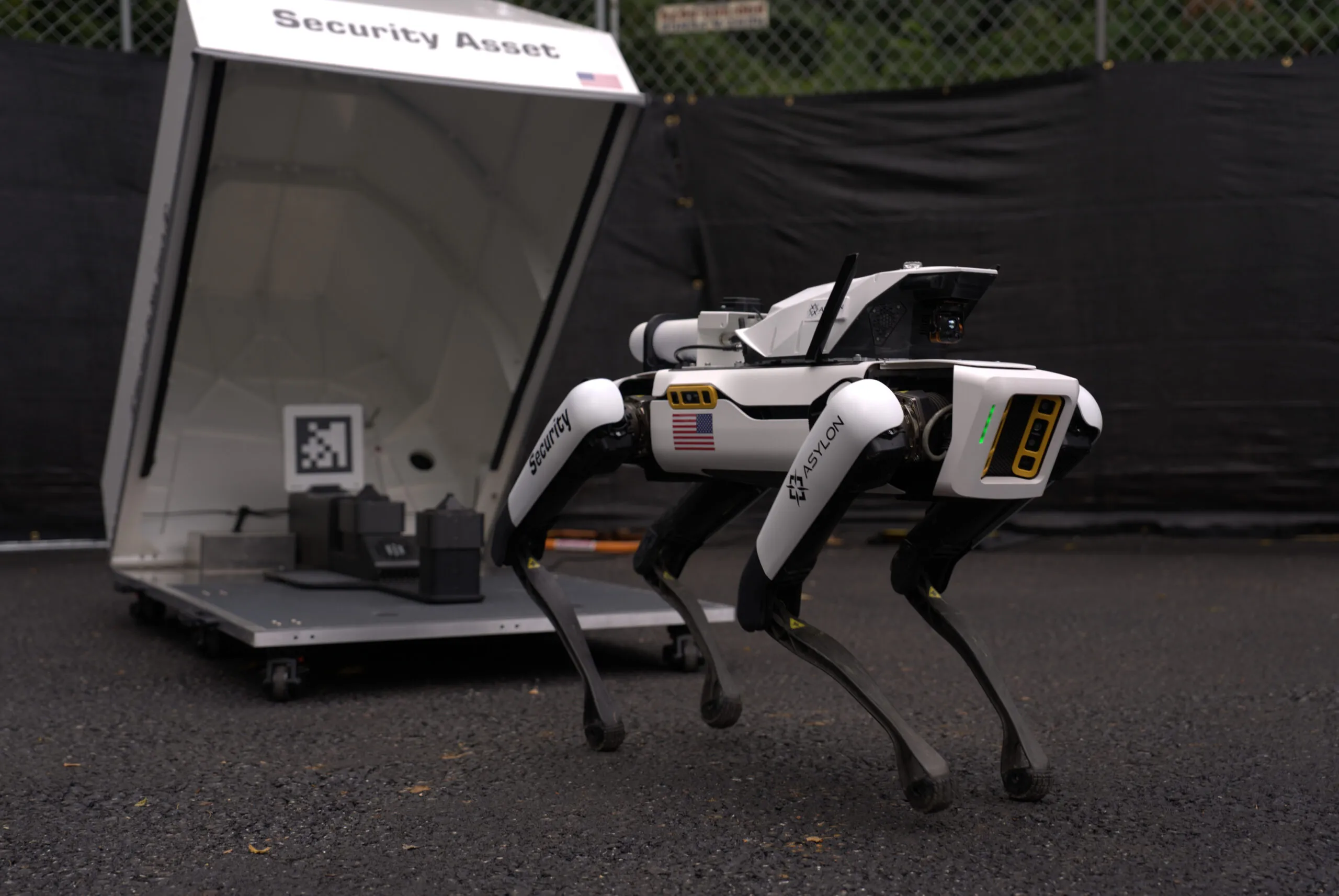 Ghost Robotics Vision 60 robot conducting autonomous perimeter security patrol at night