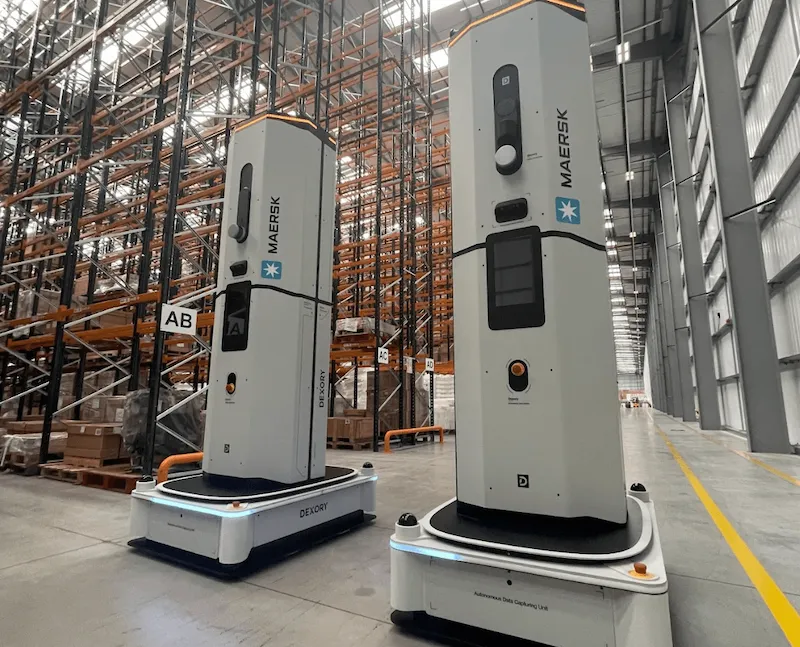 Two Dexory autonomous robots deployed in a Maersk warehouse